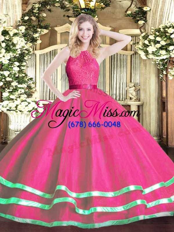 wholesale scoop sleeveless sweet 16 dress floor length lace hot pink tulle