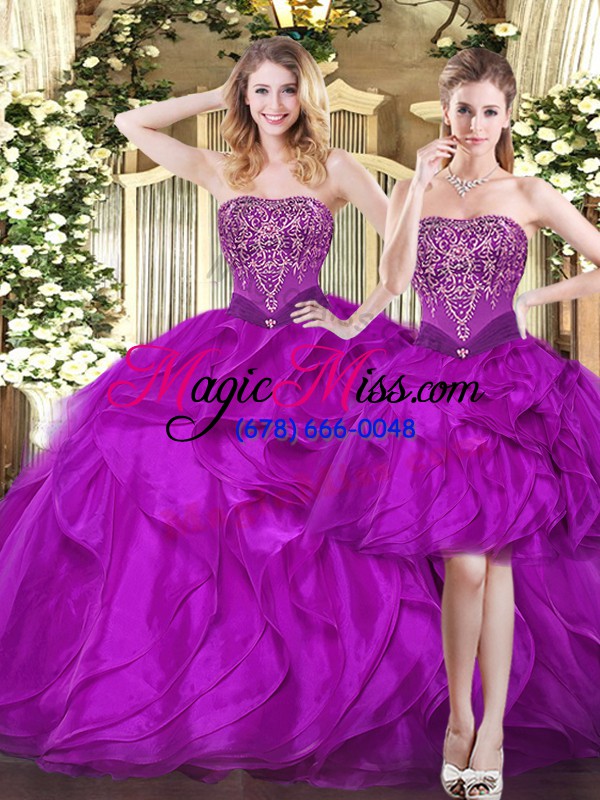 wholesale floor length lace up sweet 16 dress fuchsia for military ball and sweet 16 and quinceanera with beading and ruffles