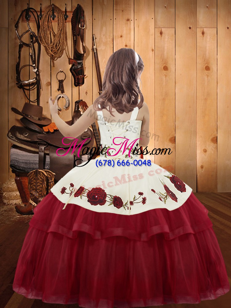 wholesale sleeveless embroidery and ruffled layers lace up little girls pageant gowns