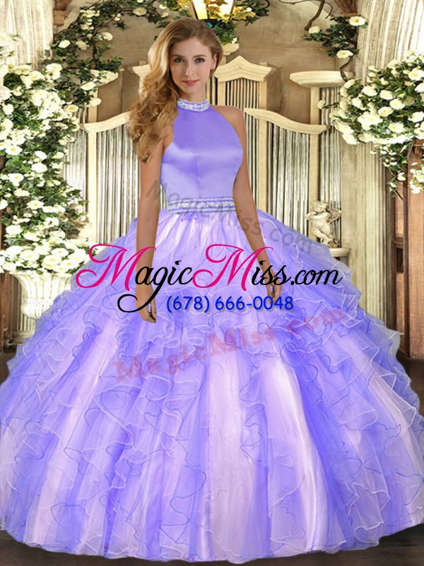 wholesale elegant lavender ball gowns organza halter top sleeveless beading and ruffles floor length backless 15th birthday dress