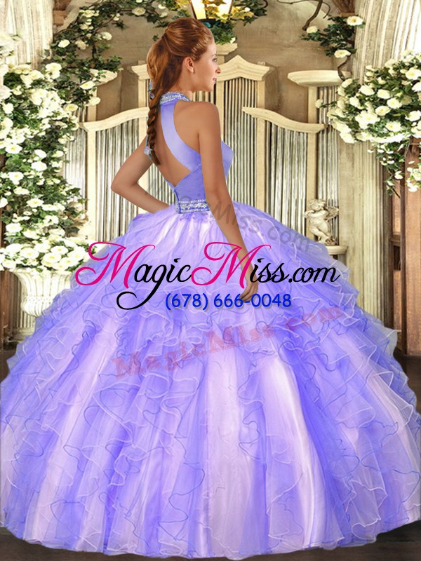wholesale elegant lavender ball gowns organza halter top sleeveless beading and ruffles floor length backless 15th birthday dress