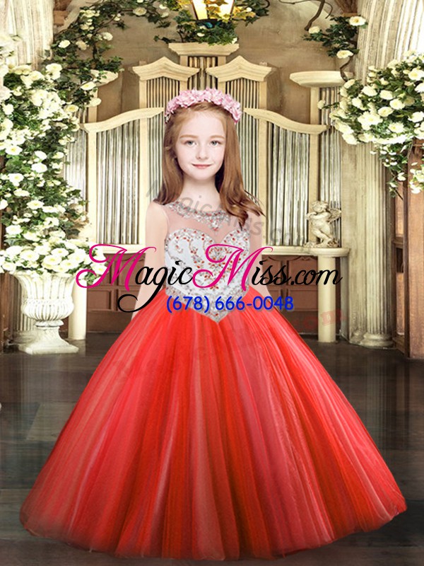 wholesale coral red tulle zipper scoop sleeveless floor length girls pageant dresses beading