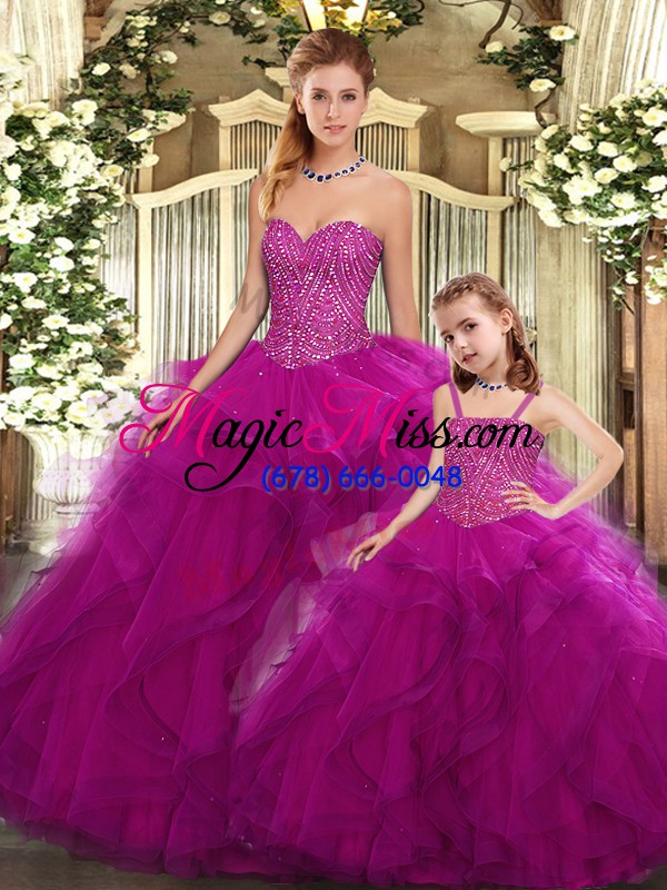 wholesale flare fuchsia ball gowns organza sweetheart sleeveless beading and ruffles floor length lace up sweet 16 dress