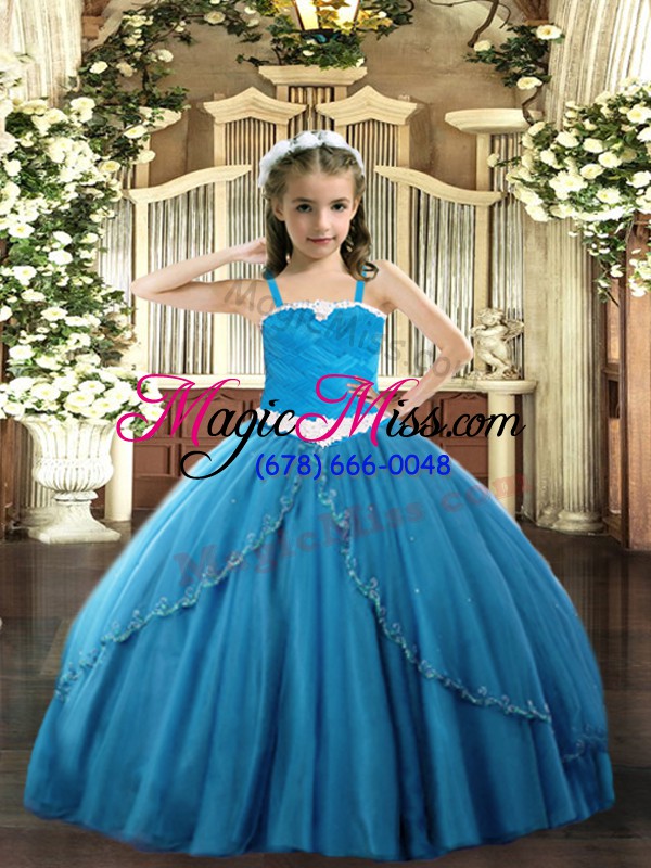 wholesale adorable blue sleeveless tulle sweep train lace up kids formal wear for party and quinceanera