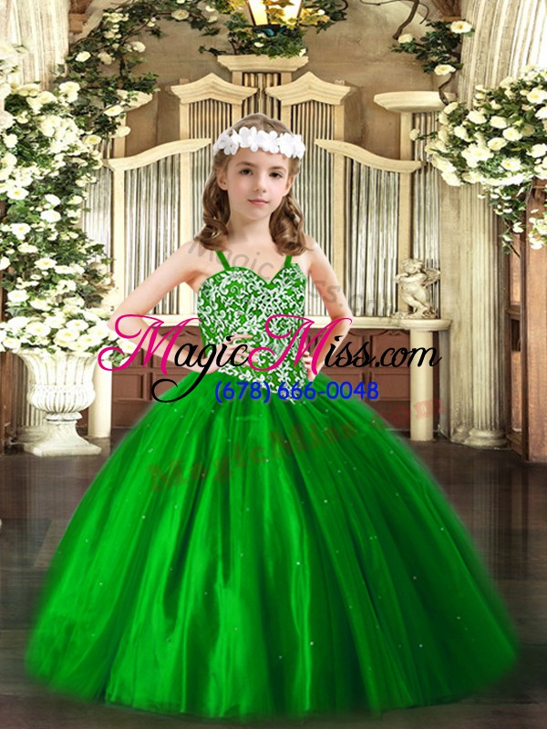 wholesale straps sleeveless little girls pageant dress floor length beading green tulle