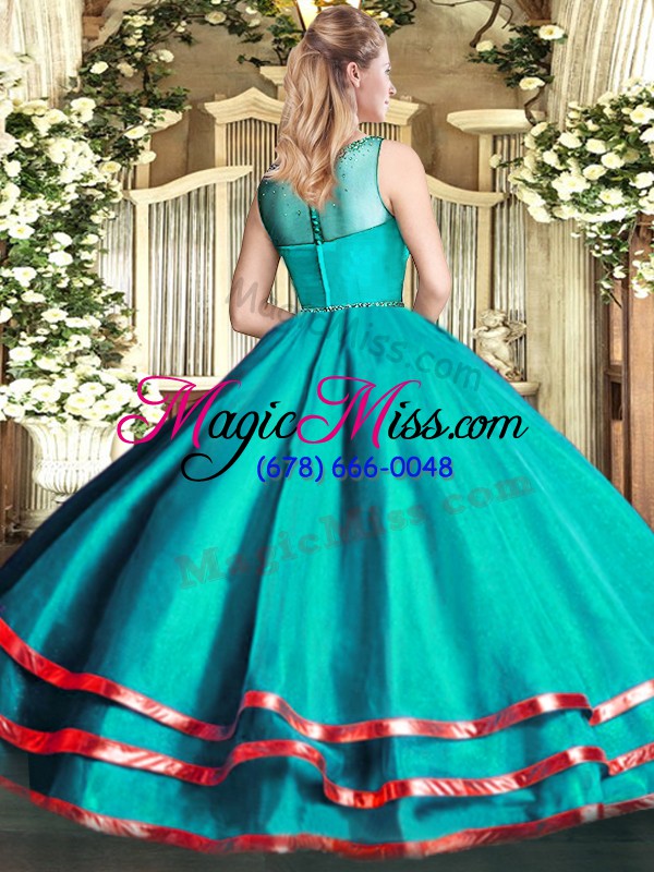 wholesale fashion green sleeveless floor length beading and ruffled layers zipper quince ball gowns