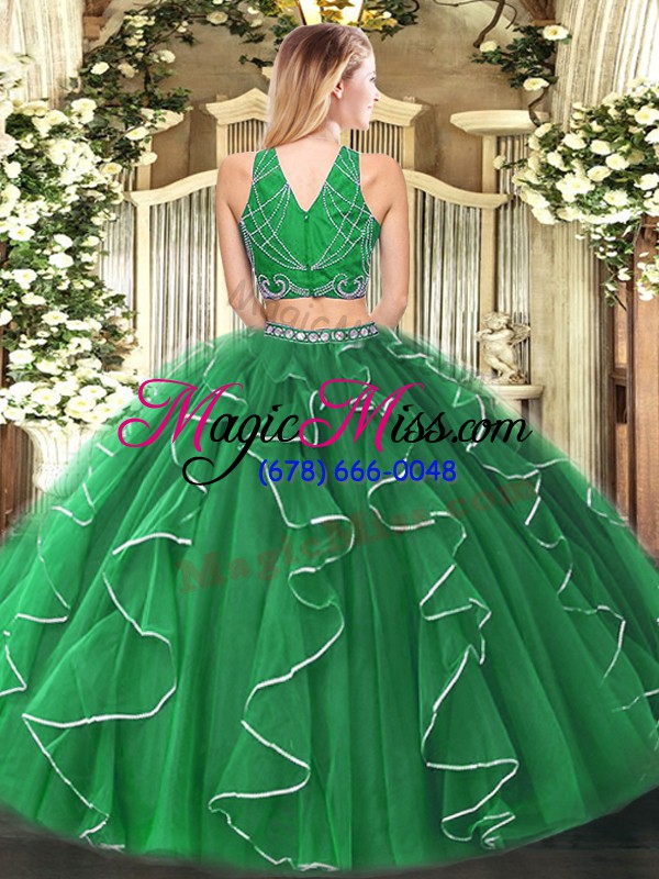 wholesale comfortable floor length olive green 15th birthday dress tulle sleeveless beading and ruffles