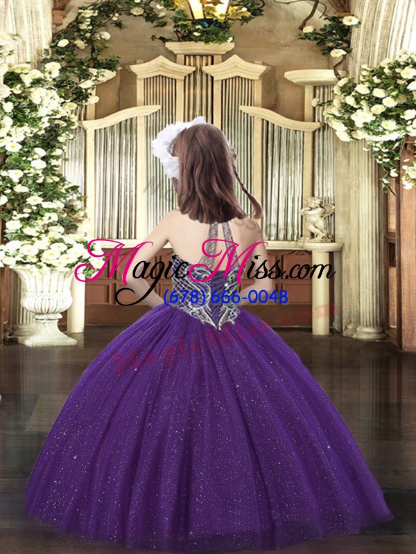 wholesale halter top sleeveless lace up pageant gowns for girls dark purple tulle
