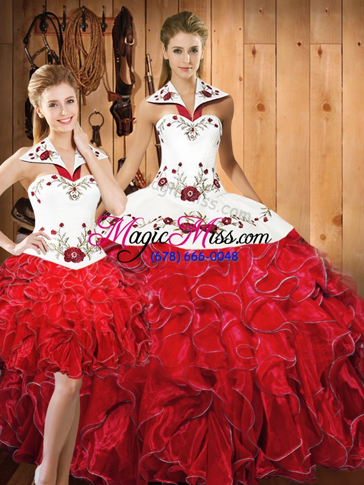 wholesale white and red quinceanera dresses military ball and sweet 16 and quinceanera with embroidery and ruffles halter top sleeveless lace up