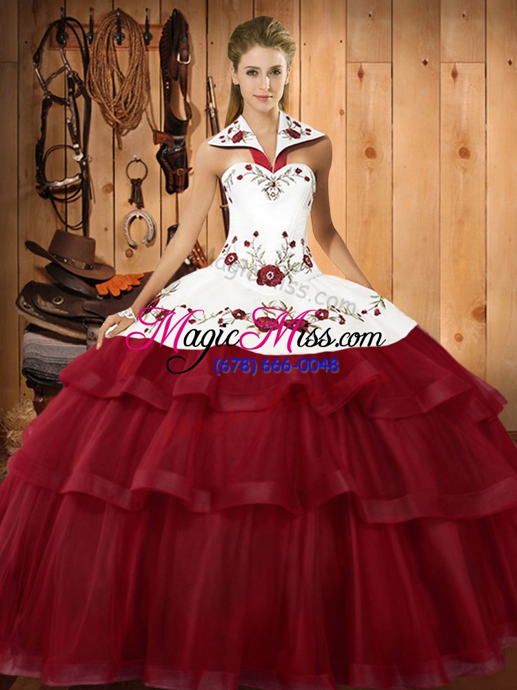 wholesale new style wine red quinceanera dress organza sweep train sleeveless embroidery and ruffled layers