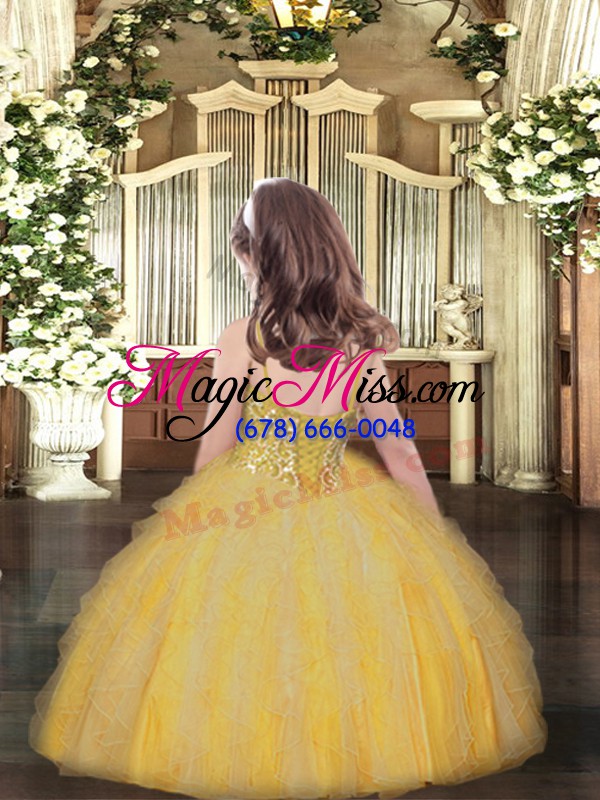 wholesale customized yellow organza lace up high school pageant dress sleeveless floor length beading and ruffles