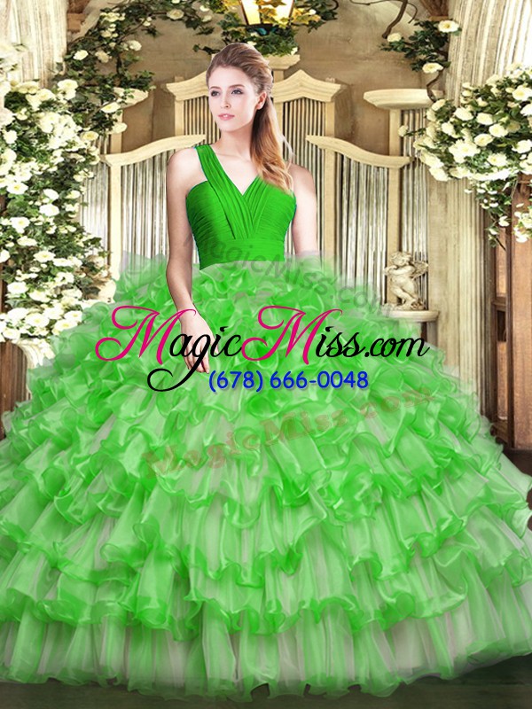 wholesale attractive floor length zipper ball gown prom dress green for military ball and sweet 16 and quinceanera with ruffled layers