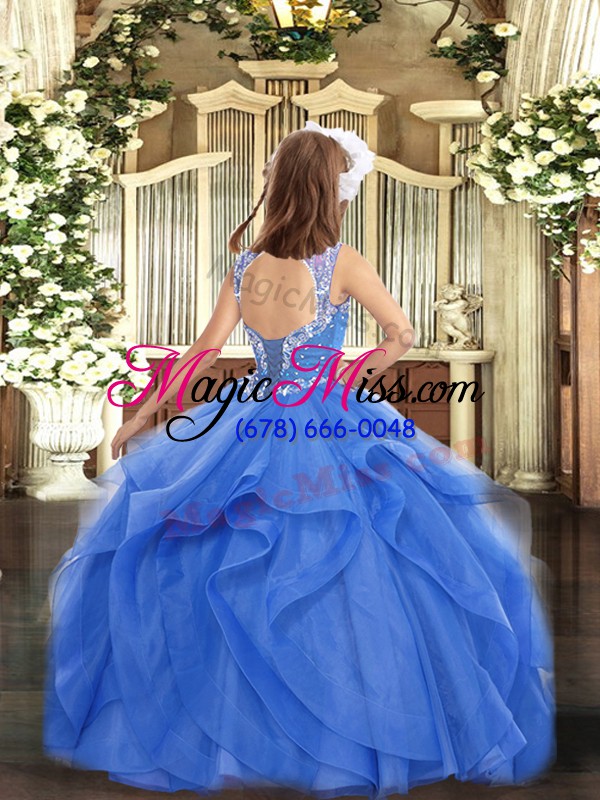 wholesale discount aqua blue tulle lace up kids formal wear sleeveless floor length beading and ruffles