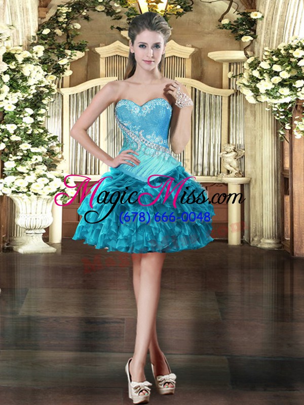 wholesale sleeveless floor length beading and ruffles lace up 15 quinceanera dress with aqua blue