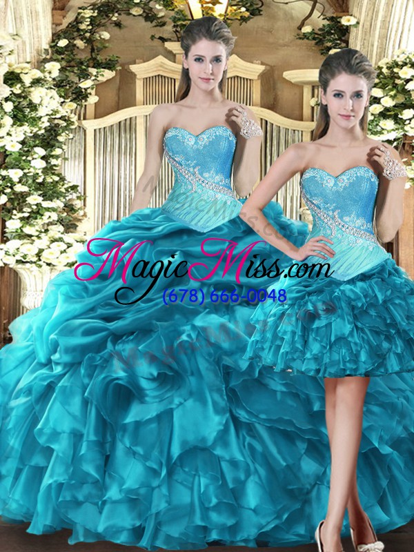 wholesale sleeveless floor length beading and ruffles lace up 15 quinceanera dress with aqua blue
