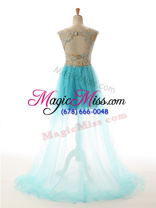 wholesale custom fit sleeveless tulle high low backless evening dress in aqua blue with appliques