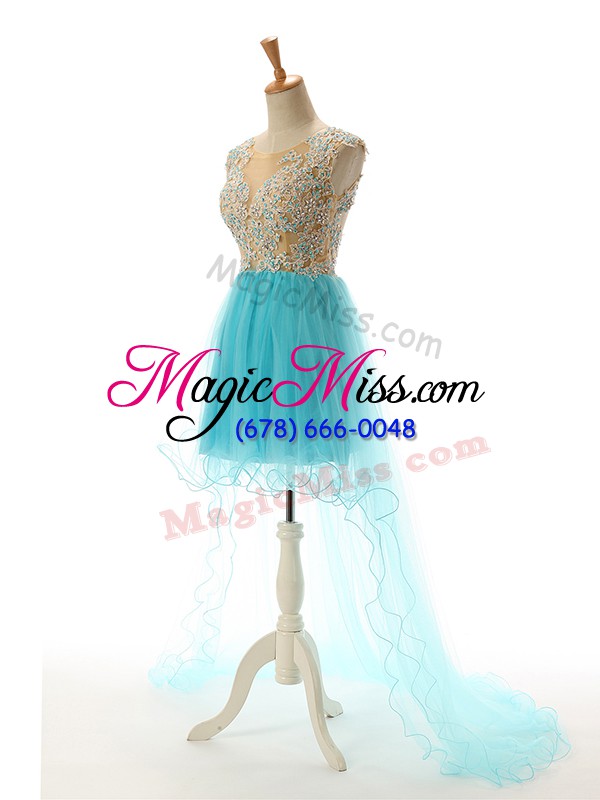 wholesale custom fit sleeveless tulle high low backless evening dress in aqua blue with appliques
