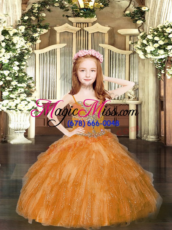 wholesale rust red ball gowns spaghetti straps sleeveless tulle floor length lace up beading and ruffles little girls pageant gowns