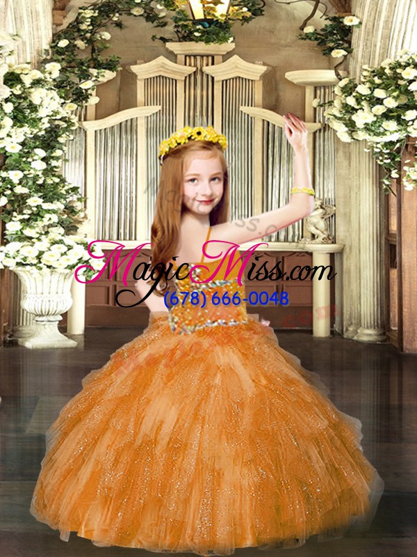 wholesale rust red ball gowns spaghetti straps sleeveless tulle floor length lace up beading and ruffles little girls pageant gowns