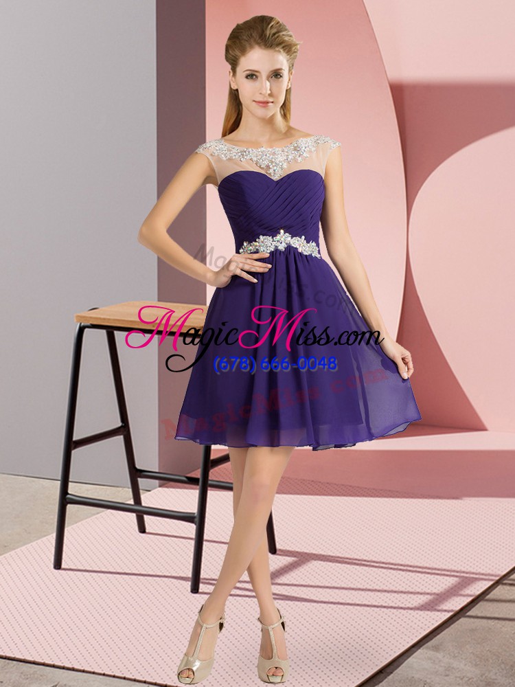 wholesale purple chiffon lace up scoop cap sleeves mini length evening dress beading