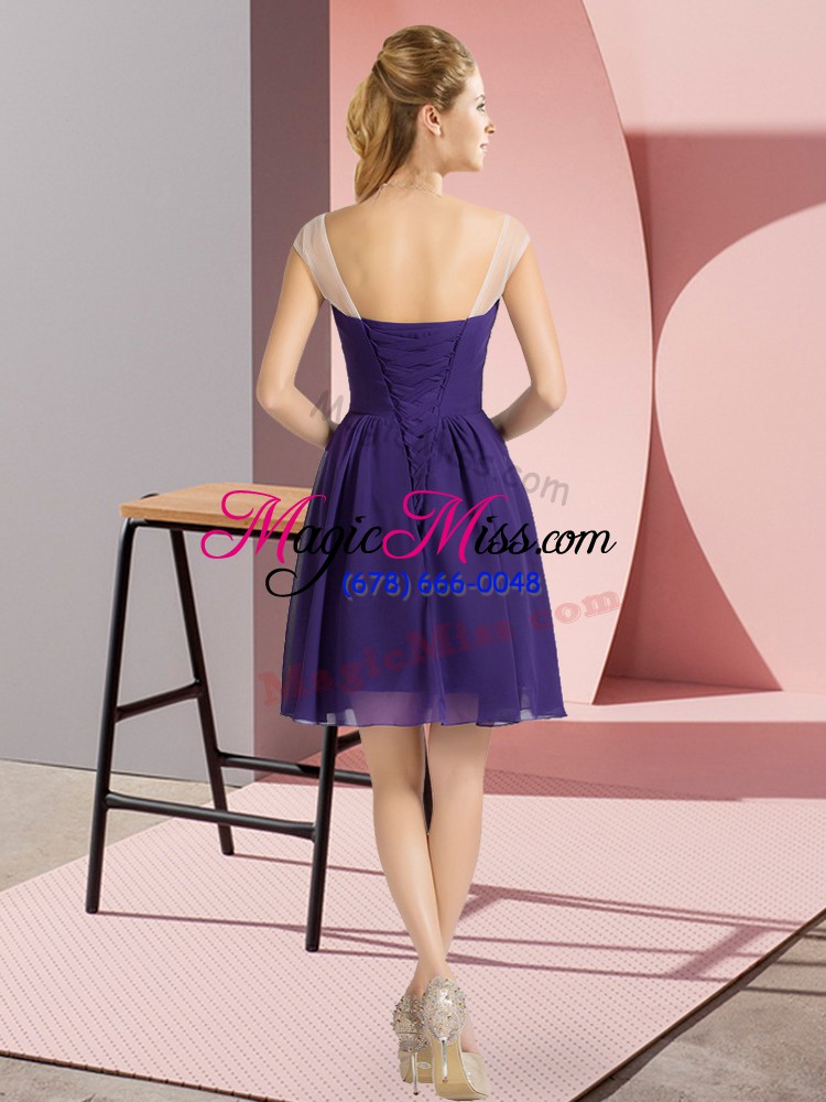 wholesale purple chiffon lace up scoop cap sleeves mini length evening dress beading