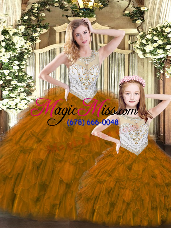 wholesale glorious brown ball gowns beading and ruffles quinceanera dresses lace up tulle sleeveless floor length