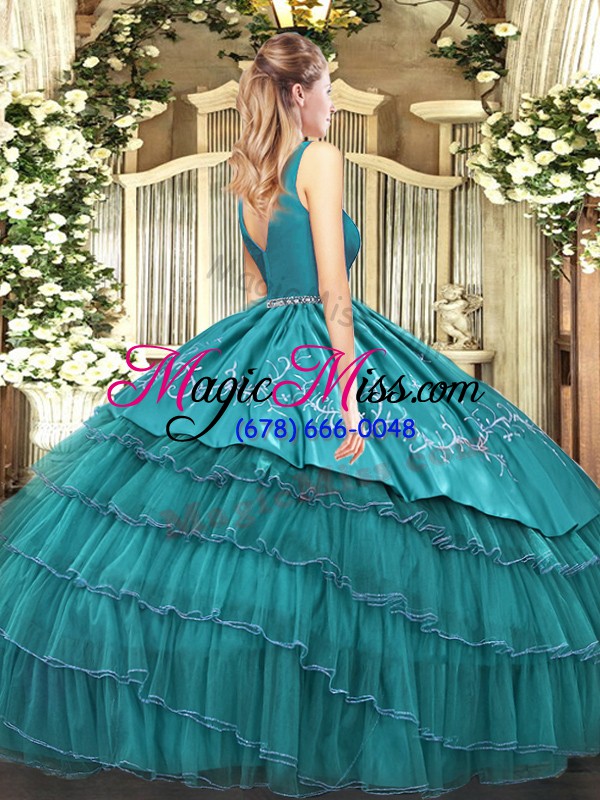 wholesale glorious fuchsia ball gowns v-neck sleeveless satin and organza floor length zipper embroidery and ruffled layers quince ball gowns