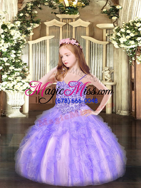 wholesale high class lavender organza lace up child pageant dress sleeveless floor length appliques and ruffles