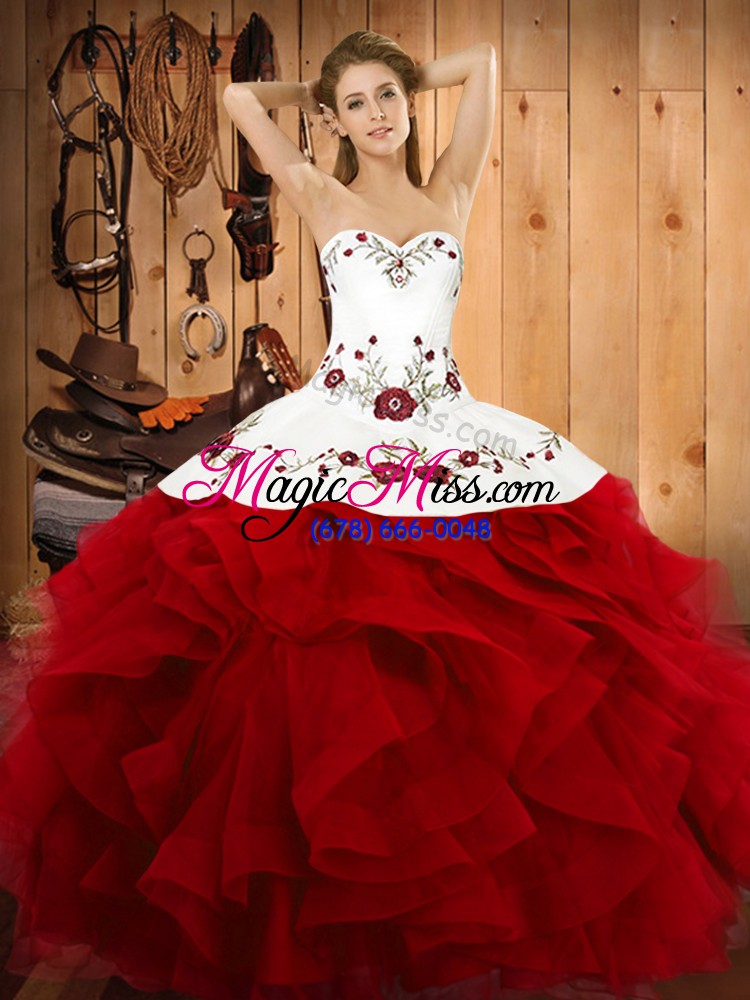 wholesale custom fit wine red quinceanera dresses military ball and sweet 16 and quinceanera with embroidery and ruffles halter top sleeveless lace up