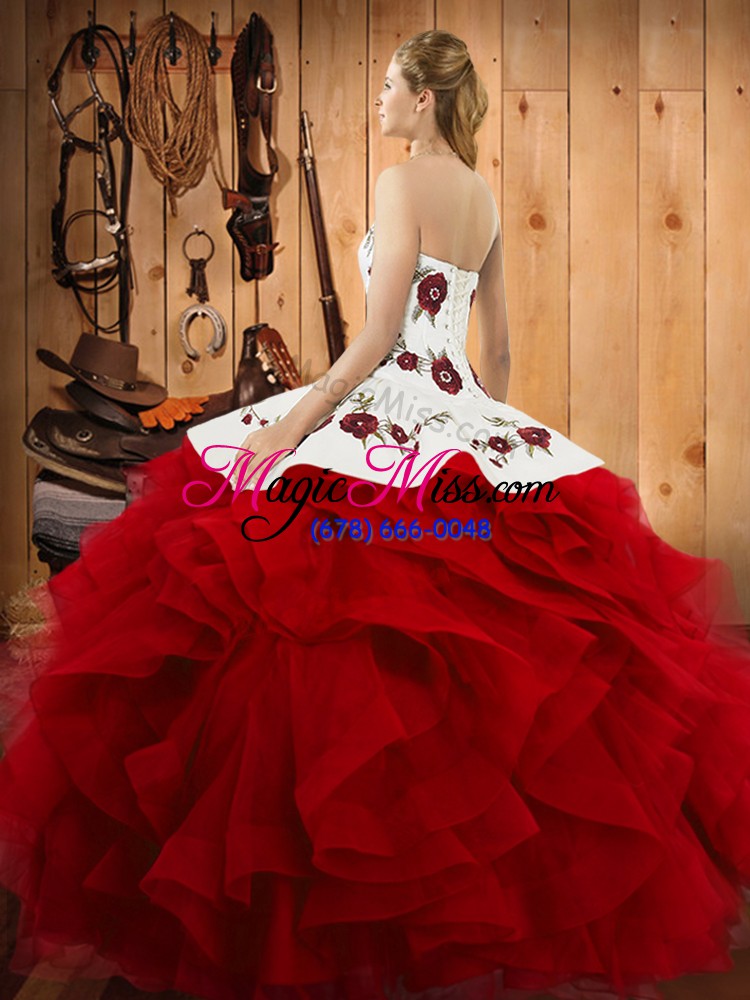 wholesale custom fit wine red quinceanera dresses military ball and sweet 16 and quinceanera with embroidery and ruffles halter top sleeveless lace up