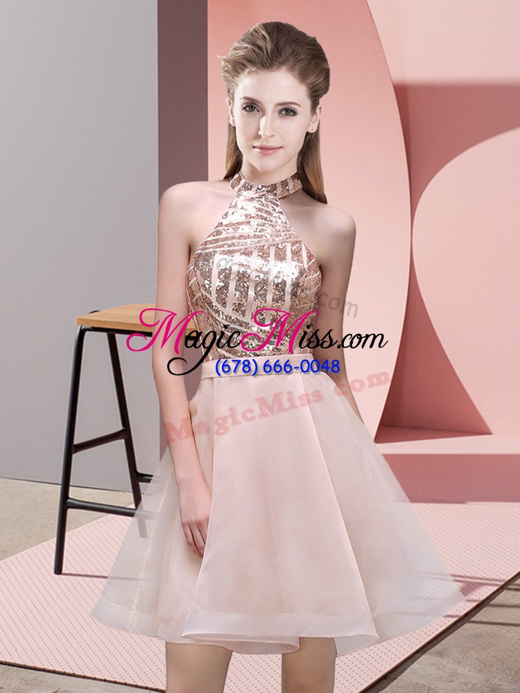 wholesale baby pink a-line chiffon halter top sleeveless sequins mini length backless bridesmaid dress