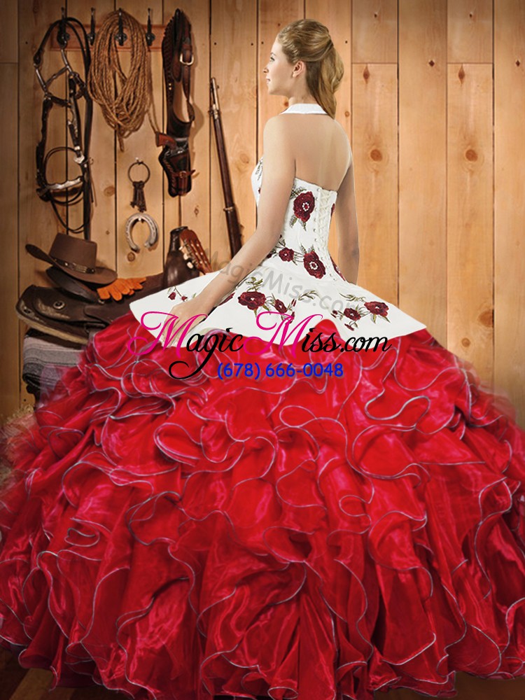 wholesale cheap halter top sleeveless satin and organza quince ball gowns embroidery and ruffles lace up