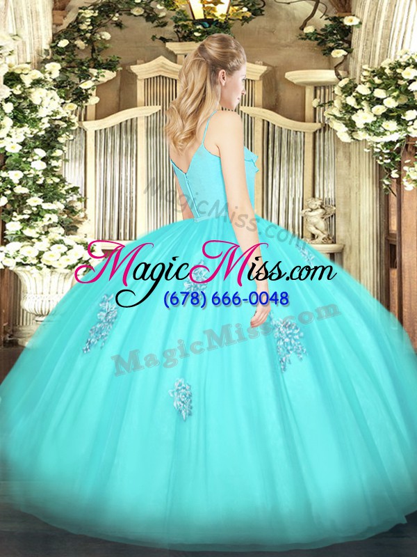 wholesale green ball gowns spaghetti straps sleeveless tulle floor length zipper appliques 15th birthday dress