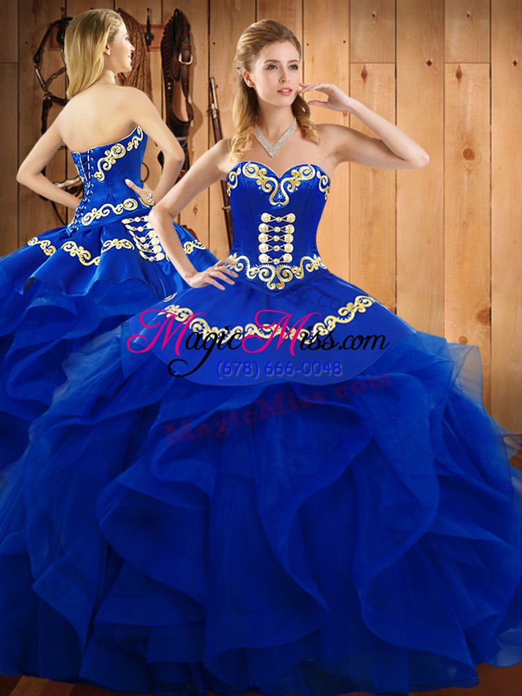 wholesale trendy blue ball gowns organza sweetheart sleeveless embroidery and ruffles floor length lace up sweet 16 dresses