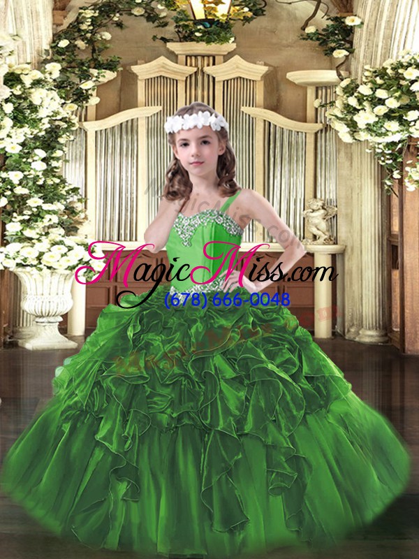 wholesale dark green ball gowns organza straps sleeveless beading and ruffles floor length lace up pageant dress womens