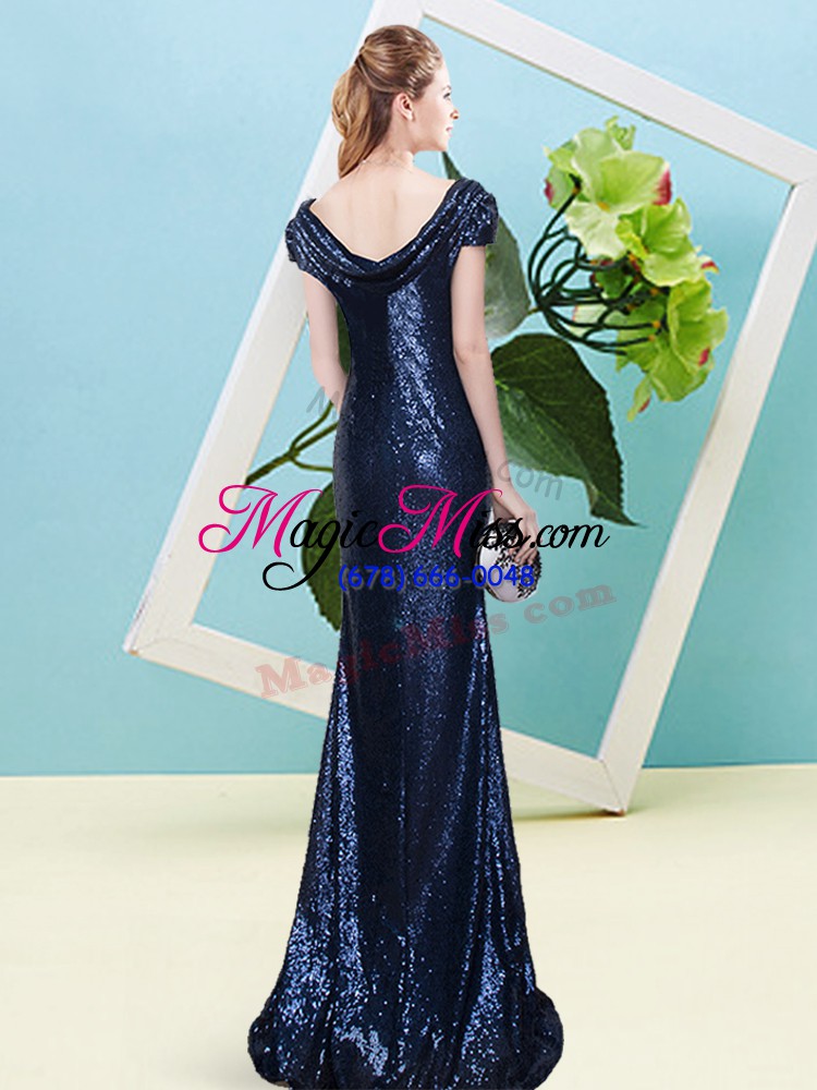 wholesale sophisticated navy blue cap sleeves floor length sequins zipper prom evening gown