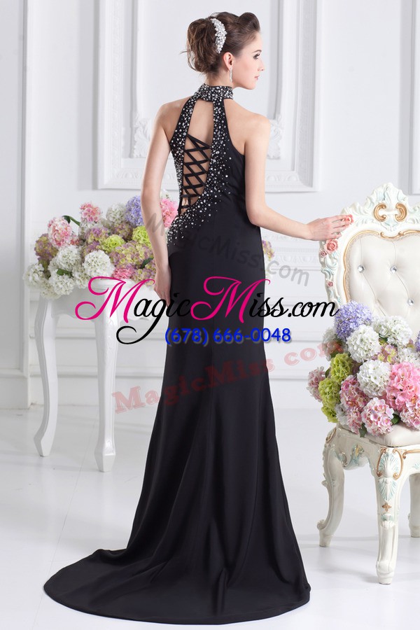 wholesale fine royal blue prom dresses prom and party with beading halter top sleeveless sweep train lace up