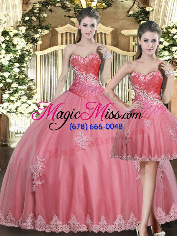 wholesale free and easy sleeveless tulle floor length lace up quinceanera gowns in rose pink with beading and appliques