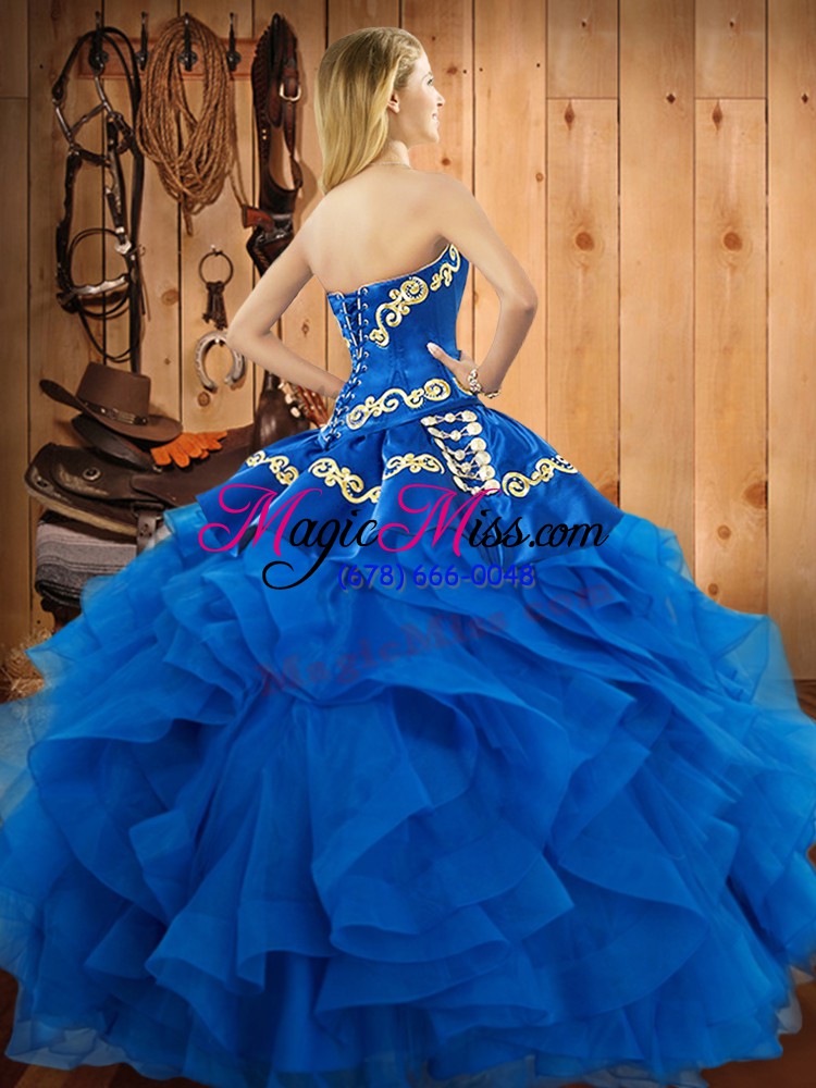 wholesale teal satin and organza lace up sweetheart sleeveless floor length ball gown prom dress embroidery and ruffles