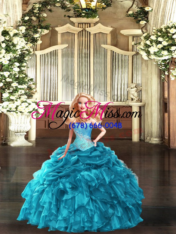 wholesale sleeveless floor length beading and ruffles and ruching and pick ups lace up sweet 16 quinceanera dress with teal