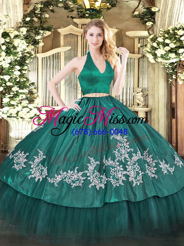 wholesale floor length dark green quinceanera dresses taffeta sleeveless appliques