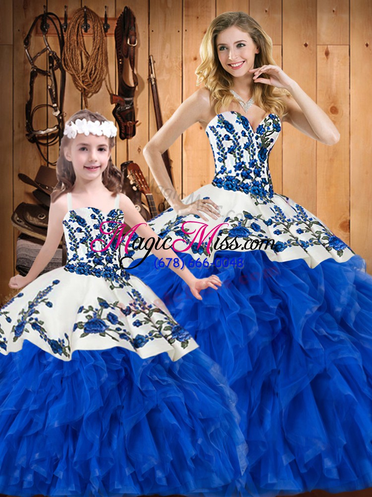 wholesale blue sleeveless floor length embroidery and ruffles lace up vestidos de quinceanera