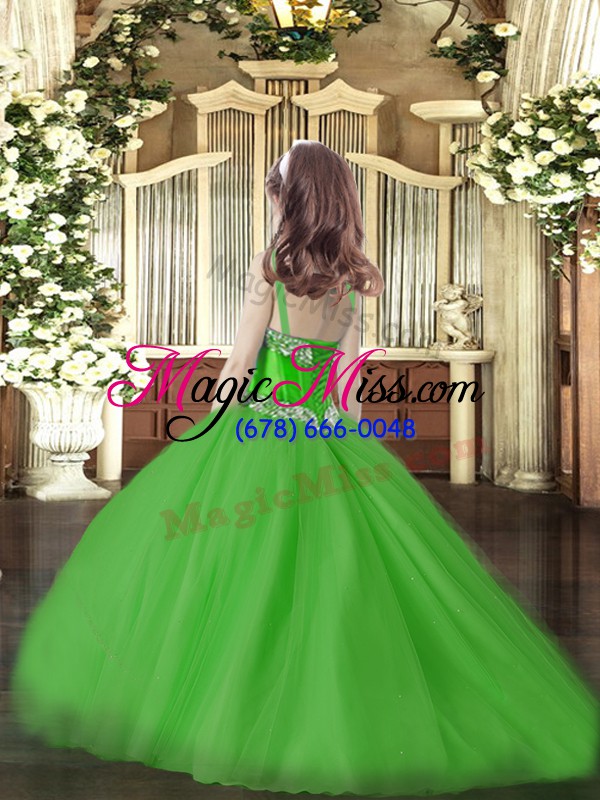 wholesale ball gowns sleeveless green evening gowns sweep train lace up