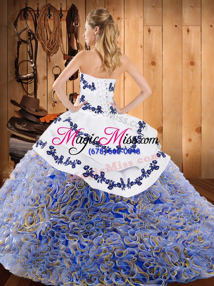 wholesale multi-color satin and fabric with rolling flowers lace up strapless sleeveless with train 15 quinceanera dress sweep train embroidery