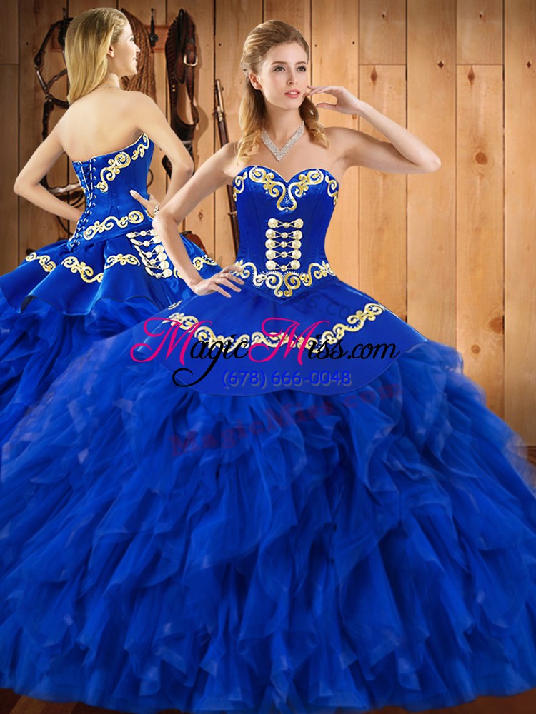 wholesale satin and organza sleeveless floor length quinceanera dresses and embroidery and ruffles