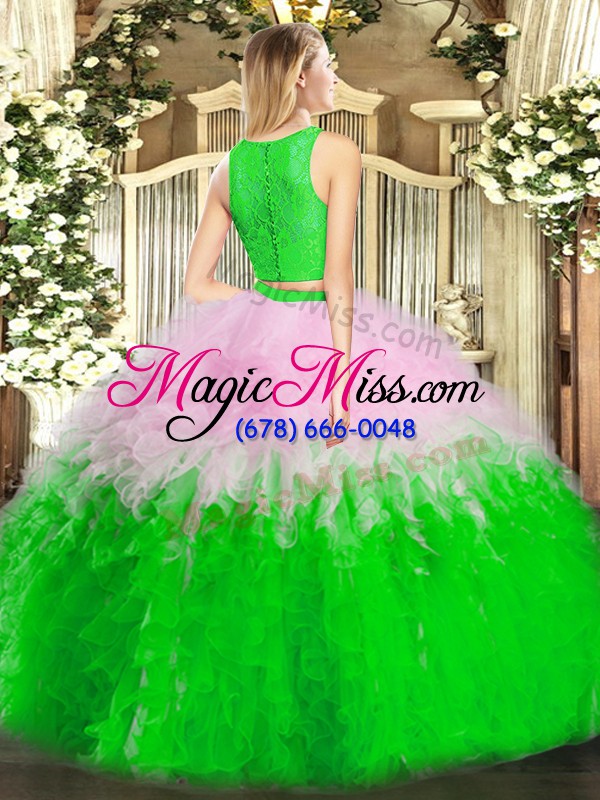 wholesale multi-color two pieces tulle scoop sleeveless ruffles floor length zipper quinceanera gown