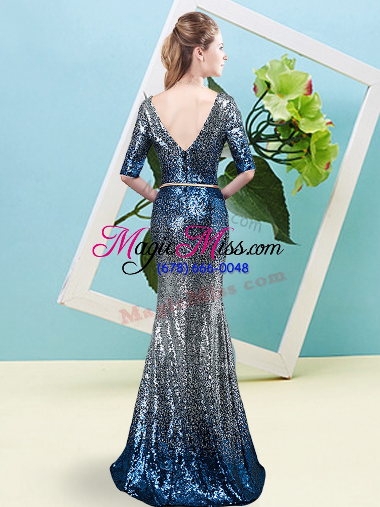 wholesale multi-color half sleeves sequins and belt floor length evening dress