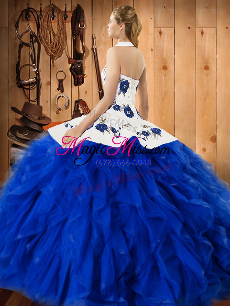 wholesale halter top sleeveless quince ball gowns floor length embroidery and ruffles gold satin and organza