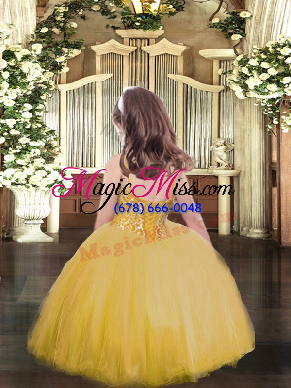 wholesale popular yellow lace up spaghetti straps beading little girl pageant gowns tulle sleeveless