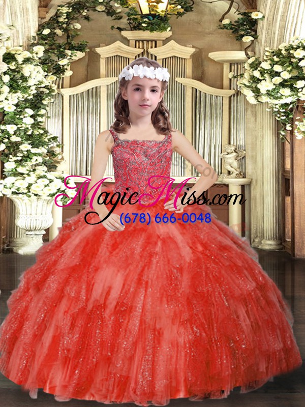 wholesale ball gowns little girls pageant gowns coral red straps organza sleeveless floor length lace up